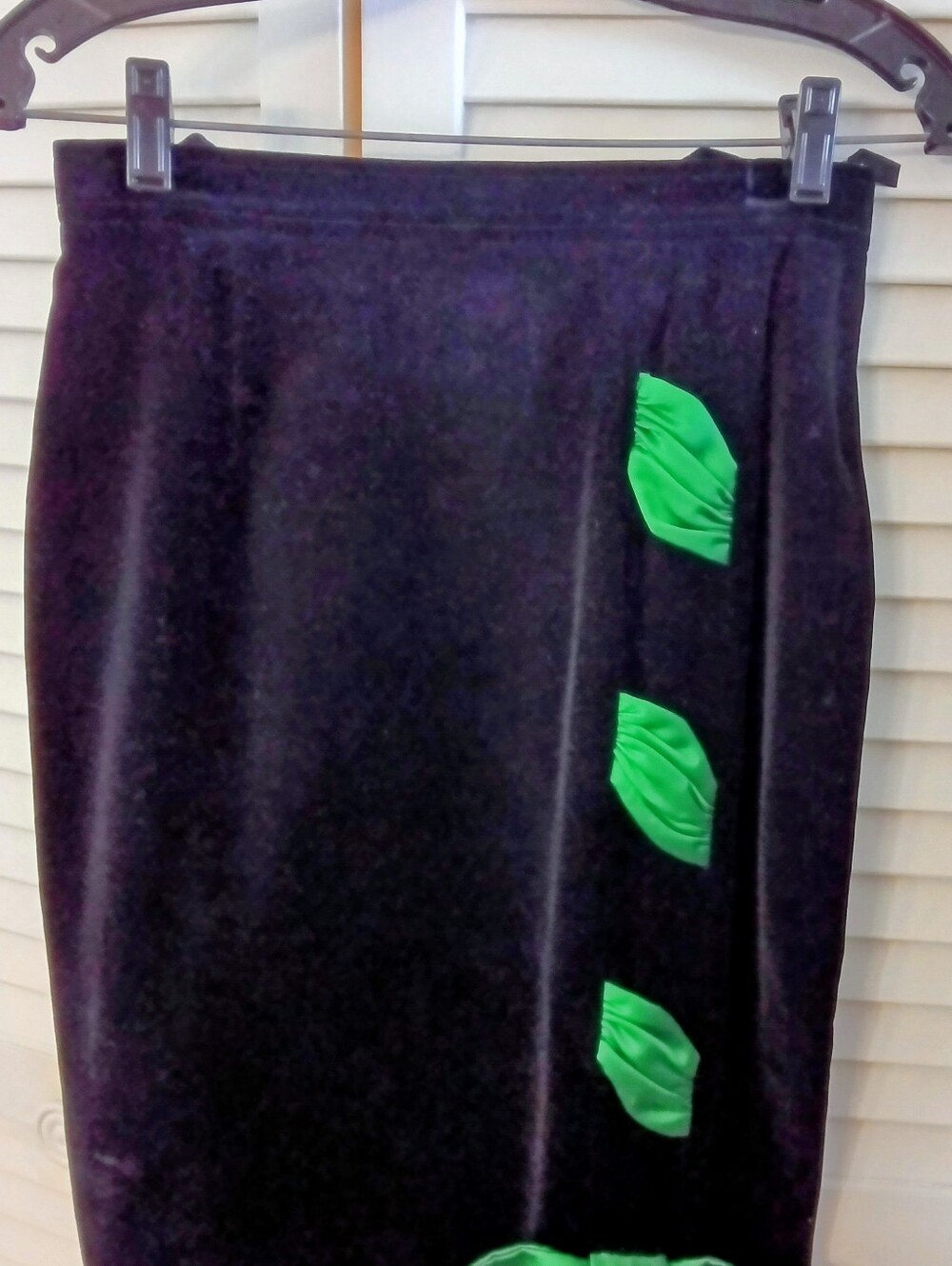 Black Velvet Pencil Skirt with Bright Green Leaf Accents